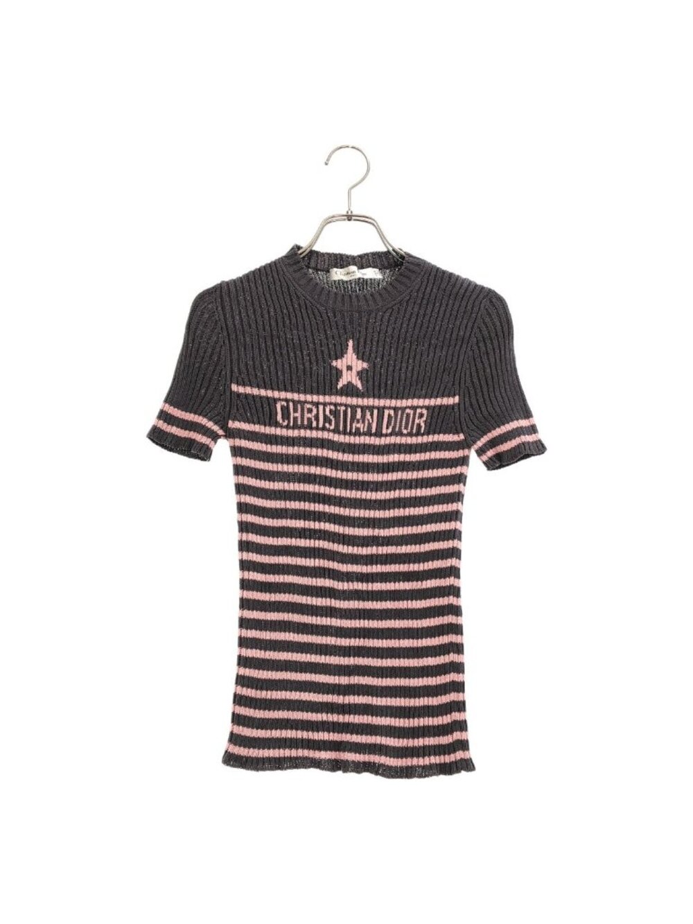 Dior Logo Star Short Sleeve Knit Gray Pink Sweater 36